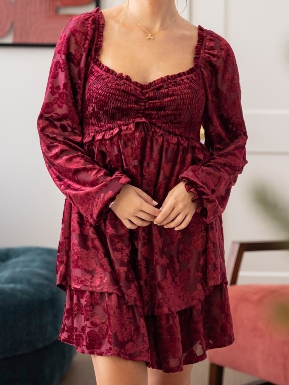 Crystal Doll Burgundy Floral Velvet Long Sleeve Babydoll Dress